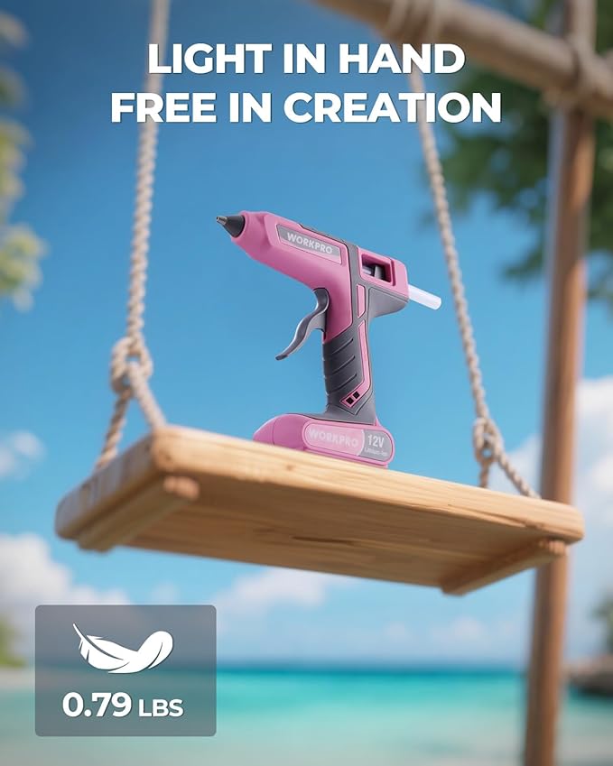 WORKPRO Full Size Cordless Hot Melt Glue Gun - 12V Rechargeable Fast Preheating Glue Gun Kit with 15pcs Full Size Glue Sticks, Auto Power-off Glue Gun for DIY Project, Art, Craft - Pink Ribbon