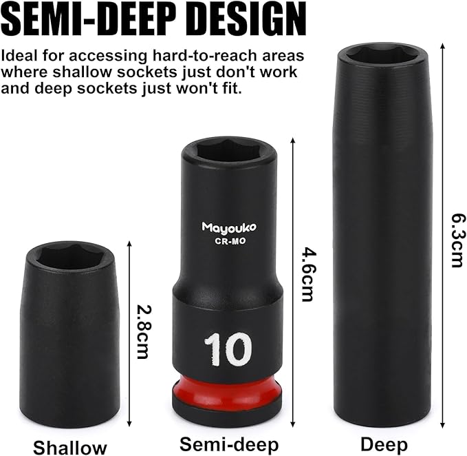 Mayouko 14PCS 3/8" Drive Semi-Deep Impact Socket Set, 8-22MM, Metric, CR-MO, Impact Grade Middle Length Socket Set, 6 Point