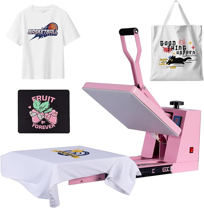 Heat Press 15x15 in, Manual Heat Press Machine for T Shirts, Swing Away T Shirt Pressing Machine for Garments Bag Textile Curtain Mousepad, with Slide-Out Base, Pink