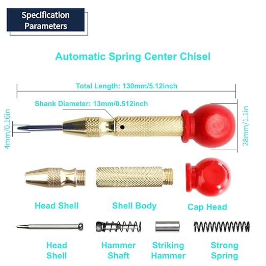 5-Inch Automatic Spring Loaded Center Punch for Metal | Adjustable Impact Tool, Auto Center Punch with S2 Steel Tip, for Metal, Wood, Plastic, Glass & Leather