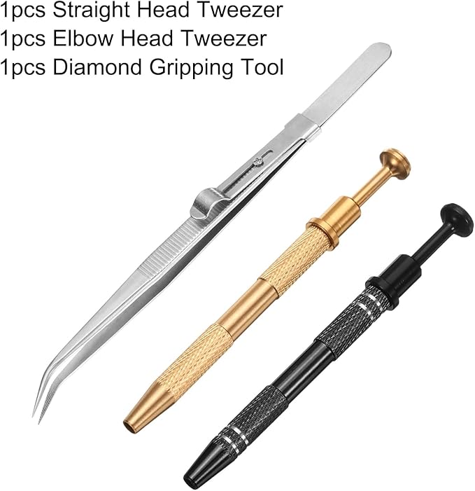 HARFINGTON 3pcs Diamond Tweezer Holder Pick Up Tool Set Stainless Steel 4 Claw Holder Elbow Head Jewelry Locking Tweezer for Tiny Objects Electronic Components, Silver/Gold/Black