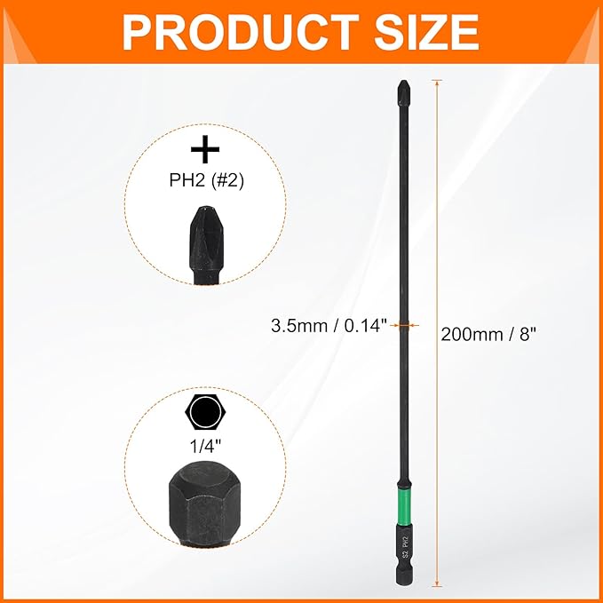 HARFINGTON 3pcs #2 Impact Phillips Screwdriver Bit PH2 1/4" Hex Shank 8" (200mm) Long 0.14" Rod Magnetic Cross Head Drill Bits S2 Steel Industrial Screw Driver for Impact Power Drivers