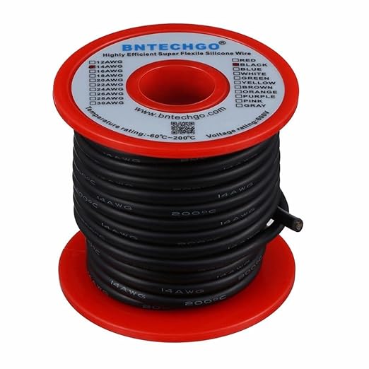 BNTECHGO 14 Gauge Silicone Wire Spool 25 ft Black Flexible 14 AWG Stranded Tinned Copper Wire