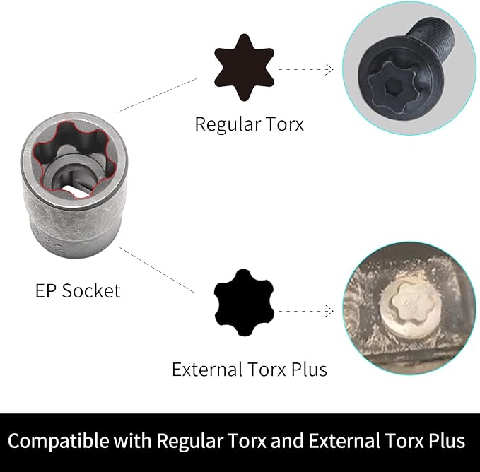 External Torx Plus Socket Set 6 Point EP Socket EP4, EP5, EP6, EP7, EP8, EP10, EP11, EP12, EP14, EP16, EP18, EP20, EP22, EP24 with 1/2'' 3/8'' 1/4'' Dr E-Torx Plus Socket 14pc