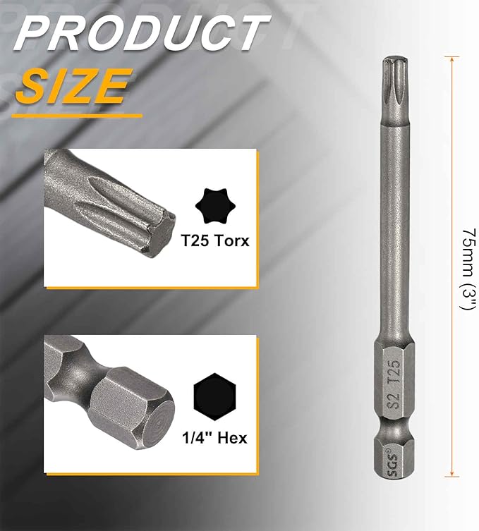 HARFINGTON 2pcs T25 Torx Head Screwdriver Bit 1/4" Hex Shank 3" (75mm) Long Magnetic No Hole Tip Tamper Proof 6 Point Star Screw Driver Drill Bits S2 Steel Industrial Power Screwdrivers