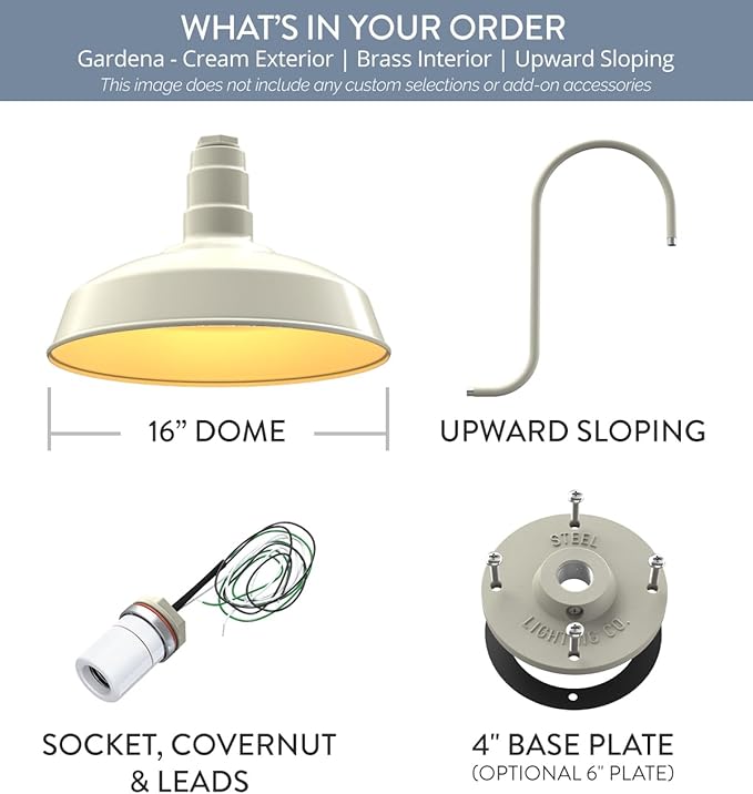 Steel Lighting Co. | Dusk to Dawn | Gardena Barn Light | Outdoor Wall Mounted | 16" Dome | Upslope Gooseneck | Farmhouse Light Made in America | Cream/Brass