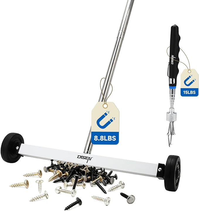 DISEN 17-Inch Magnetic Pick Up Sweeper Lawn Sweeper Roofing Tools Magnet for Nails Adjustable Handle 8.8-Pound Capacity Heavy-Duty Magnet to Pick Up Nails with Telescoping Magnet Pick-up Tool Set