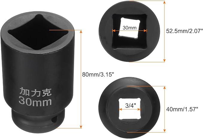 HARFINGTON 4 Point Square Socket 3/4" Drive by 30mm Metric Square Impact Socket 40CR Blackening Standard Wheel Sockets Pneumatic Socket Tool for Auto Repair Mechanical Maintenance Home Use