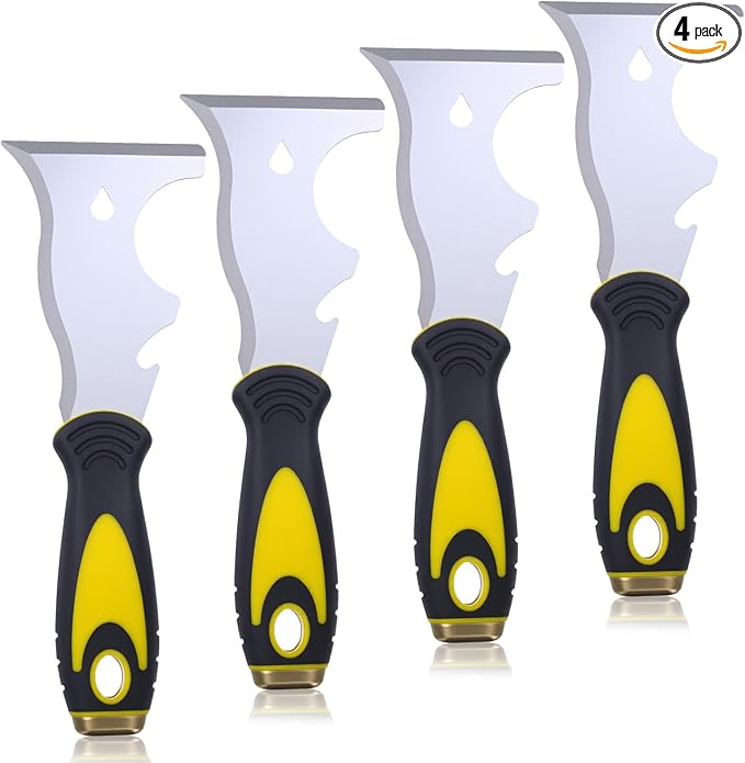 4 Pack Paint Scraper, Multi Use Paint Tools Putty Knife 10 in 1, Paints Scraper Tools for Painting, Metal Scrapers with Hammer End, Taping Knife, Spackle Tool