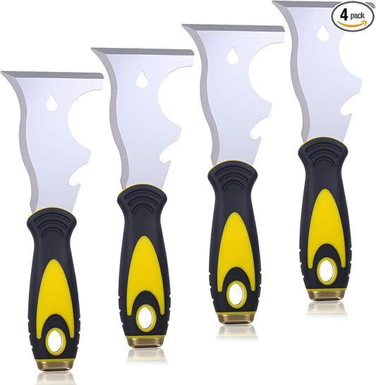 4 Pack Paint Scraper, Multi Use Paint Tools Putty Knife 10 in 1, Paints Scraper Tools for Painting, Metal Scrapers with Hammer End, Taping Knife, Spackle Tool