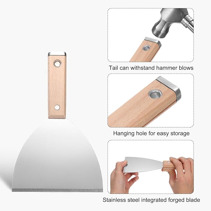 uxcell Putty Knife 5" Stainless Steel Paint Scraper Flexible Drywall Repair Mud Knife Wood Shank for Removing Cement Wallpaper Mud Adhesive Taping with Metal Hammer End