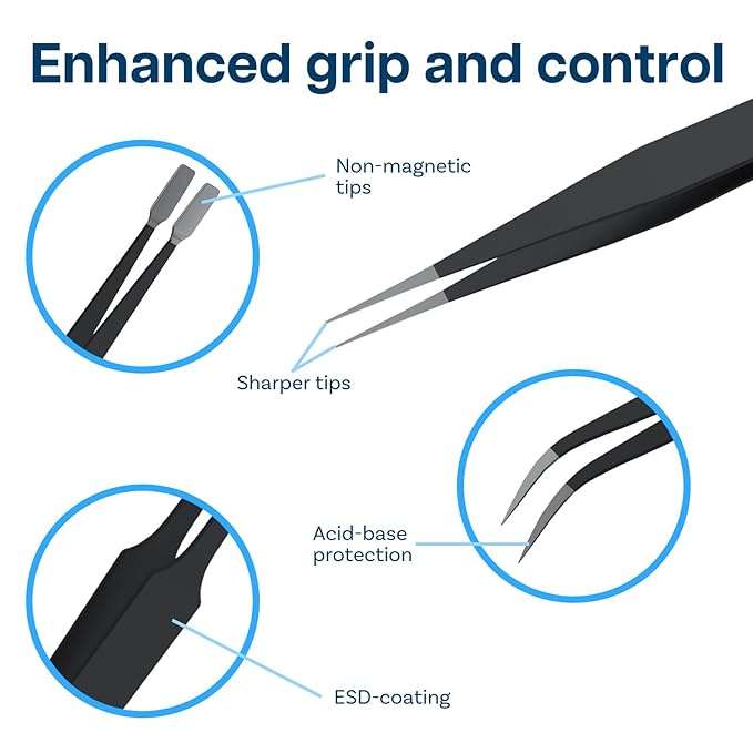 MMOBIEL 10x Industrial Precision ESD Tweezers Anti-Static Stainless Steel for Electronics Tools, Jewelry, Computer, Laboratory Work, Crafts and Hobbies etc. – Incl. Spatula and Case