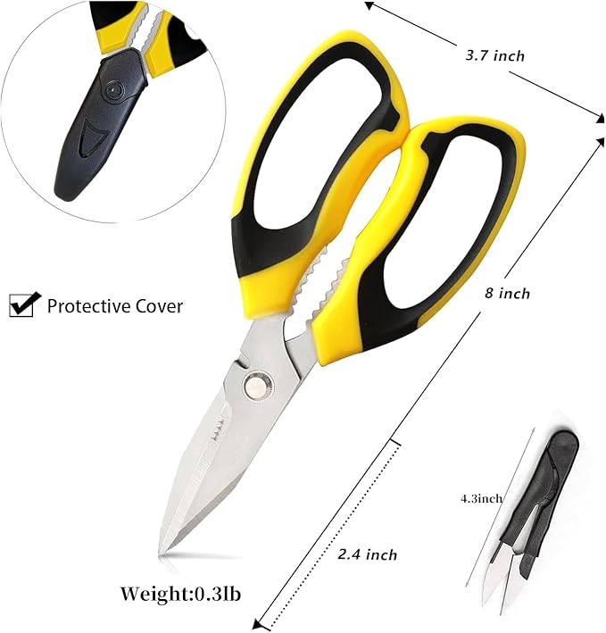 Utility Scissors all Purpose Heavy Duty, 8-Inch sharp Scissors with Protective Cover, Stainless Steel Serrated Blades Cut Cardboard, Wire, Leather, Fabric, Nutcracker - Yellow