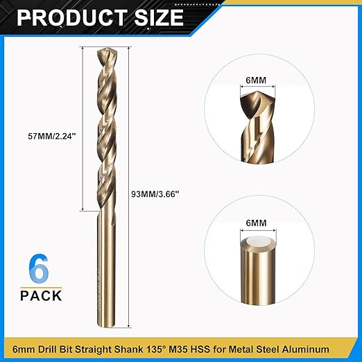 PATIKIL 6mm Drill Bit, Jobber Straight Shank M35 Cobalt 5% High-Speed Steel 135째 Gold Finish for Stainless Steel Hard Metal - 6 Pack