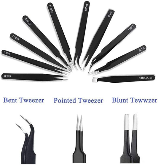 Tweezers Precision Set,Easily Life 10pcs ESD Tweezers Set, Anti Static Stainless Steel Anti Magnetic Tweezers Set with Storage Bag for Craft,Electronics Repair,jewelry repair,Laboratory Work,etc