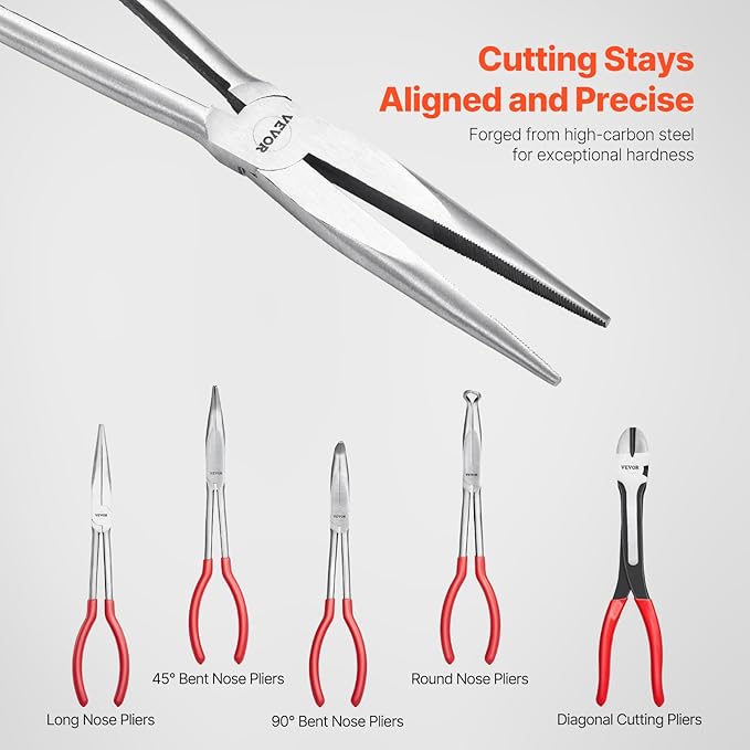 VEVOR 5-Piece Needle Nose Pliers, 11 in Long Needle Nose Pliers Set, Diagonal Cutting Pliers, 45째/ 90째 Bent Nose Plier, Round Nose Plier, Long Nose Plier, Professional Pliers Set with Storage Bag