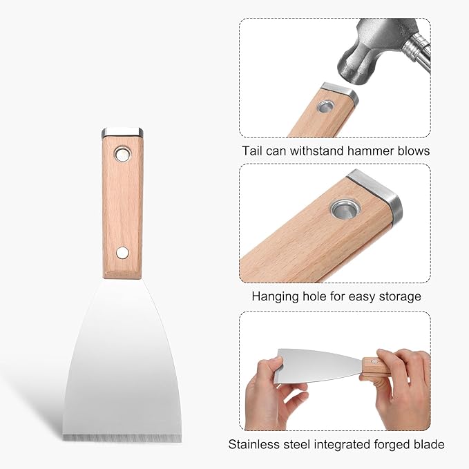 uxcell Putty Knife 3" Stainless Steel Paint Scraper Flexible Drywall Repair Mud Knife Wood Shank for Removing Cement Wallpaper Mud Adhesive Taping with Metal Hammer End