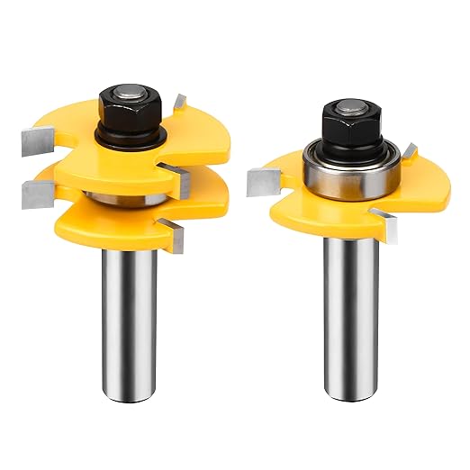 BAIDETS 1/2" Tongue and Groove Router Bits - Set of 2Pcs 1/2 Inch Shank Router Bit Set 3 Teeth Adjustable T Shape Wood Milling Cutter