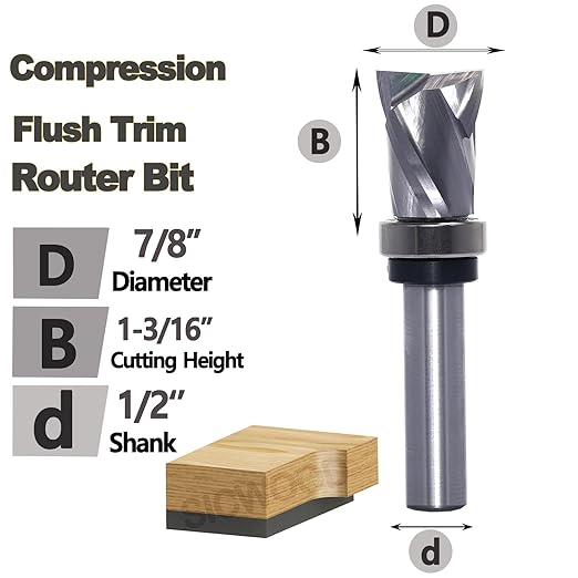 Compression Top Bearing Spiral Flush Trim Router Bit 1/2 Shank - 7/8" Cutting Dia, 1-3/16??Cut Height, Carbide Up-Down Pattern Template Flush Cut Router Bit, for Wood Trimming