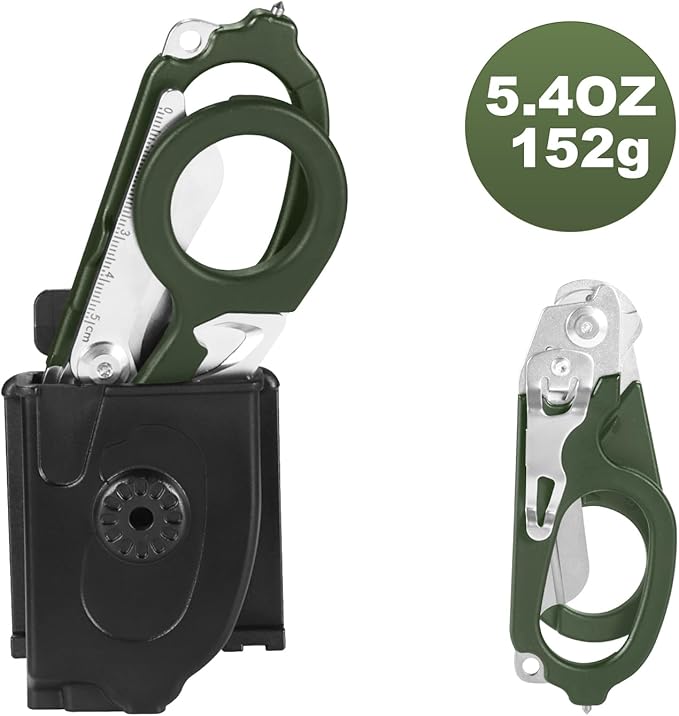 6in1 Multi function Trauma Shears for Nurse EMT(With Holster+Torx Wrench), Stainless Steel Sharp Scissor With Seatbelt/Cord Cutter, Tungsten Window Smasher, Oxygen Tank Wrench And Ring Cutter（Green）