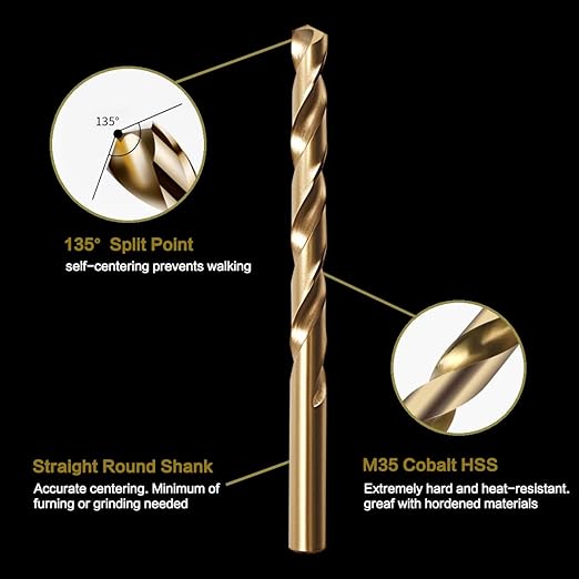 3/16" Cobalt Drill Bit Set (10Pcs), M35 HSS, 135 Degree Tip, Twist Jobber Length for Hardened Metal, Stainless Steel, Cast Iron, Wood, and Plastics, with Index Storage Case