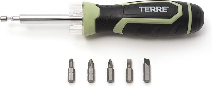 Terre Products, 6 in 1 Multitool Screwdriver, Nut Driver, All in One Screwdriver with Flashlight and Telescopic Magnetic Pick Up Tool, Multi Bit Screw Driver