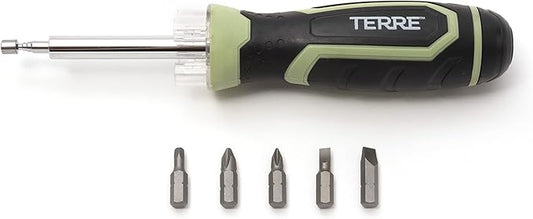Terre Products, 6 in 1 Multitool Screwdriver, Nut Driver, All in One Screwdriver with Flashlight and Telescopic Magnetic Pick Up Tool, Multi Bit Screw Driver