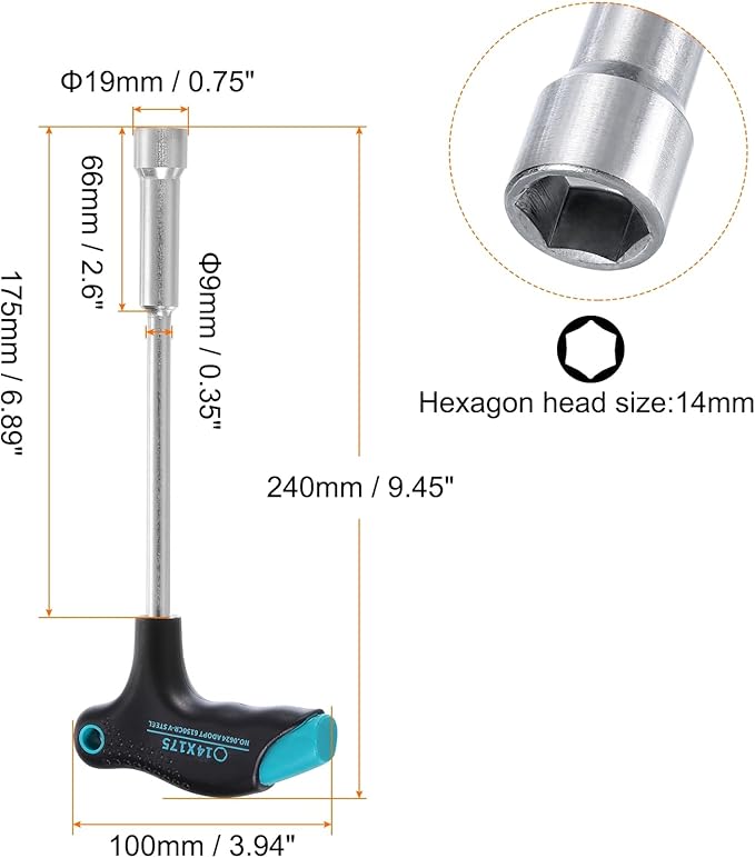 HARFINGTON T-Handle Metric Nut Driver 14mm Dia 175mm Shank 6 Point Hex Socket Screwdriver with Non-Slip Handle for Tightening and Loosening Fasteners