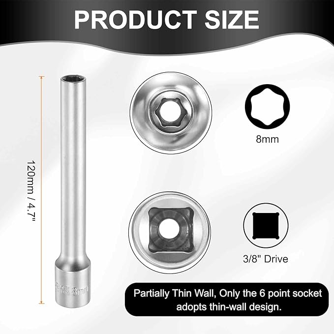 HARFINGTON 2pcs 6 Points Deep Socket 3/8" Drive 8mm Deep Metric CR-V Steel Polished Nickel Plating Flip Sleeve 120mm / 4.7" Extra Long Socket Tool for Home Auto Nuts Bolts Repair