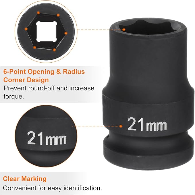 HARFINGTON 6-Point Impact Socket 3/4" Drive 21mm Metric 40Cr Alloy Steel Spindle Axle Nut Impact Socket