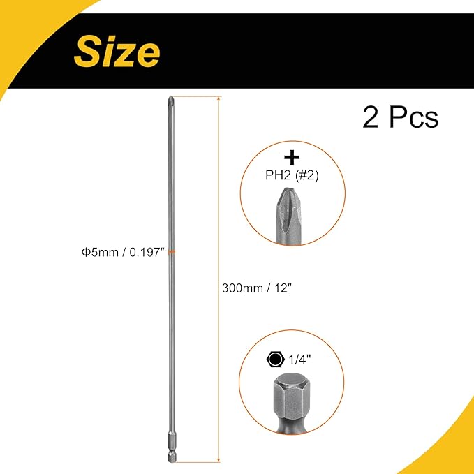 2 Pcs Magnetic Phillips Screwdriver Bit PH2 1/4" Hex Shank 300mm Long 5mm Rod