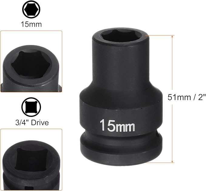 HARFINGTON 6-Point Impact Socket 3/4" Drive 15mm Metric 40Cr Alloy Steel Spindle Axle Nut Impact Socket