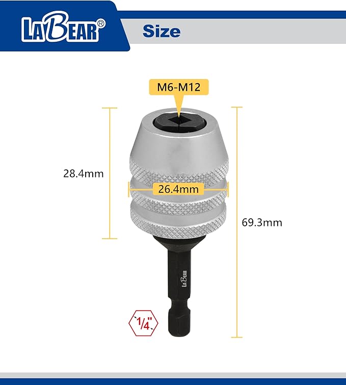 LABEAR Adjustable Tap Chuck M6?밠12, Keyless Quick Change Tap Holder, 1/4" Hex Shank Tap Adapter for Drill Driver, Cr-V Steel Heavy Duty Threading Tool for Auto Repair & Metalworking