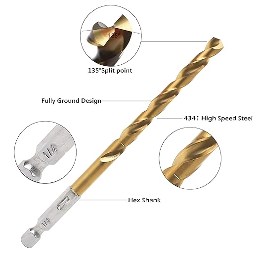 Hex Shank Drill Bits - Set of 10Pcs, 1/4 Inch Premium 4341 HSS Titanium Impact Hex Drill Bits for Wood, Steel, Metal, Plastic, Quick Change Design