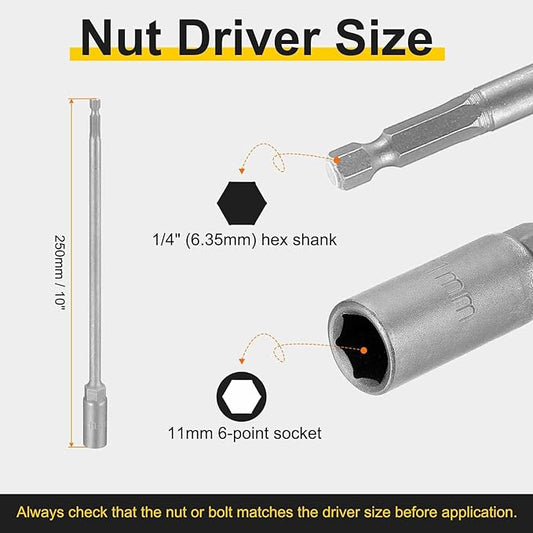 HARFINGTON 2pcs Nut Driver Drill Bit 11mm Metric Socket 1/4" Hex Shank 10" (250mm) Extra Long Magnetic 6-Point Sockets Quick Change 40Cr Steel Bolt Setters for Power Drill Drivers