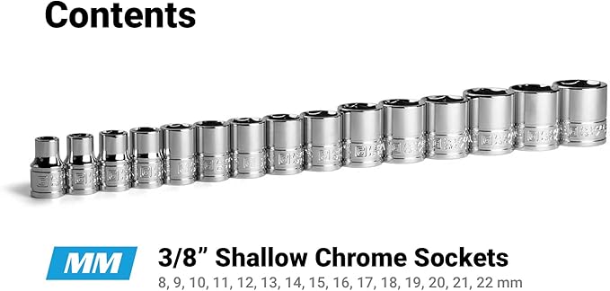 Capri Tools 3/8 in. Drive Shallow Chrome Socket Set, 6-Point, 8 to 22 mm, 15-Piece