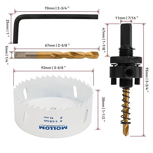 Mollom (92mm | 3-5/8") HSS M42 with 8% Cobalt BI-Metal Hole Saw with 2 Pilot Drill Bits & Arbor Smooth Cutting for PVC,Drywall,Wood,Plastic,Gypsum Board,Rubber