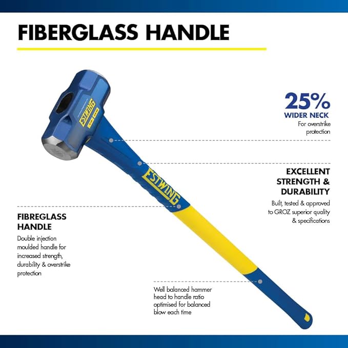 Estwing 8-Pound Hard Face Sledge Hammer for Demolition/Stake Driving, 50-55 HRC, 36-Inch Fiberglass Handle, Overstrike Protection, Textured Grip