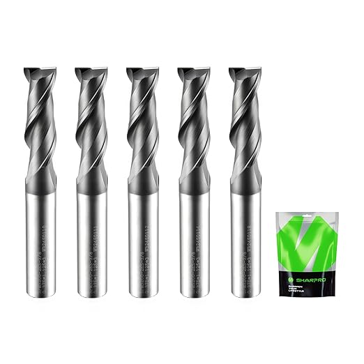 3/8 End Mills 3/8 Inch Shank, 2 Flute Carbide Square Endmill with AlCrN Coated, Upcut Spiral CNC Router Bits for Alloy Steel, Metal and Stainless Steel（5PCS）