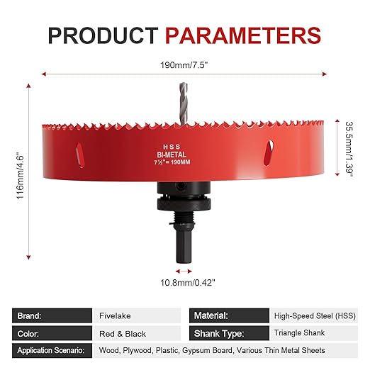 7-1/2" (190mm) Bi-Metal M42 High Speed Steel Hole Saw with Pilot Drill Bit, Smooth Cutting Edge for PVC, Drywall, Wood, Plastic, Gypsum Board, Rubber, Thin Metal