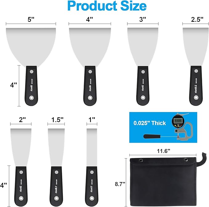 weiwei 7 PCS Metal Putty Knife Set Multi-sized Spackle Knife with Storage Bag Rustproof Putty Scraper Knives Drywall Tools for Wall Repair Wall Paint Spreading Drywall Spackle and Mud for Craftsman