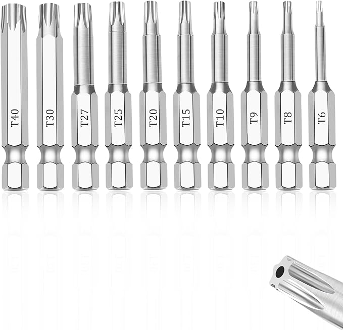 10 Piece Security Torx Bit Set (T6-T40), 1/4 Inch Hex Shank S2 Steel Magnetic Tamper Proof star screwdriver bit set 2" Long