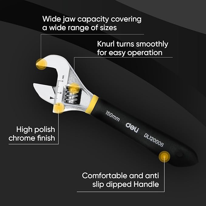deli 6" Adjustable Wrench Heavy-Duty Chrome Anti-Slip Grip, Smooth-Jaw, Cr-V Steel, Wide Opening for Plumbing & DIY
