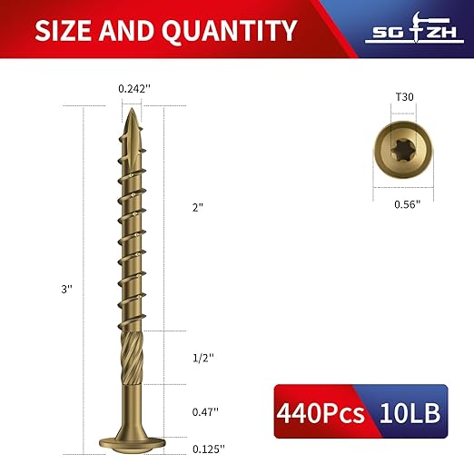 #14 x 3 Inch Lag Screws (440Pcs) 10lb. Structural Wood Screw, Bronze, Carbon Steel, Washer Head, Rust Resistant epoxy Coated, T30 Star Bit