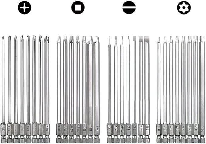 30pcs 100mm Long Screwdriver Drive Bits Magnetic Drill Bit Set 1/4 Inch Hex Shank S2 Steel Security Screw Bit Kit Power Tools (Slotted + Cross + Square + Torx Bits)