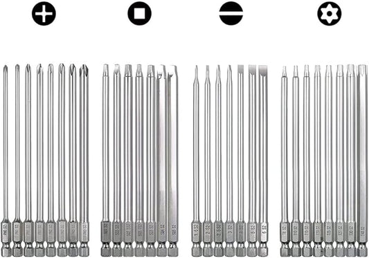 30pcs 100mm Long Screwdriver Drive Bits Magnetic Drill Bit Set 1/4 Inch Hex Shank S2 Steel Security Screw Bit Kit Power Tools (Slotted + Cross + Square + Torx Bits)