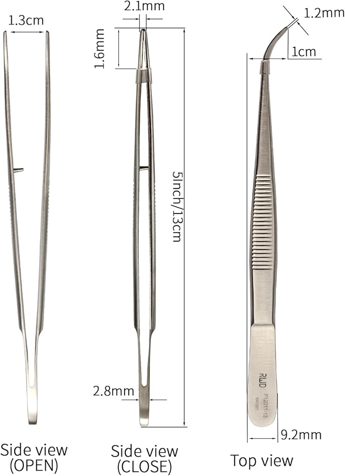 RWD Dressing Forceps 5", Martensitic Stainless Steel Medical Tweezers, 1.2mm Width Serrated Curved Tip, Micro Forceps Tweezer, Surgical Tweezer for High-Precision Handling (F12011-13)