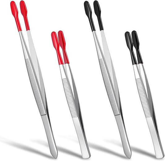 4 Pieces Rubber Tipped Tweezers, Forceps Silicone Coated Flat Tip Long Bent Precision Tweezers, Hobby Craft Tweezer Tools for Crafting Stamps Coins Jewelry Industrial Electronic Lab (Black & Red)