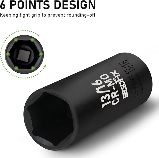 1/2" Drive Deep Impact Socket, 13/16 Inch SAE Socket, CR-MO 6 Point for Easy Removal of Axle Nut
