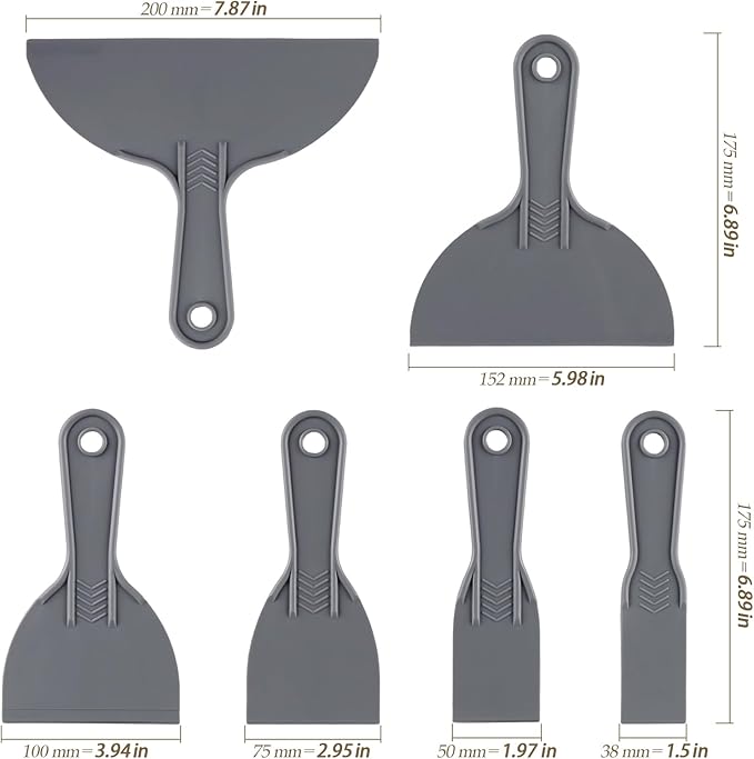 24 PCS Putty Knife Set, 6 Sizes Plastic Putty Knife Scraper, Flexible Plastic Paint Scraper Tool for Spackling, Wallpaper Scraper Tool, Grey